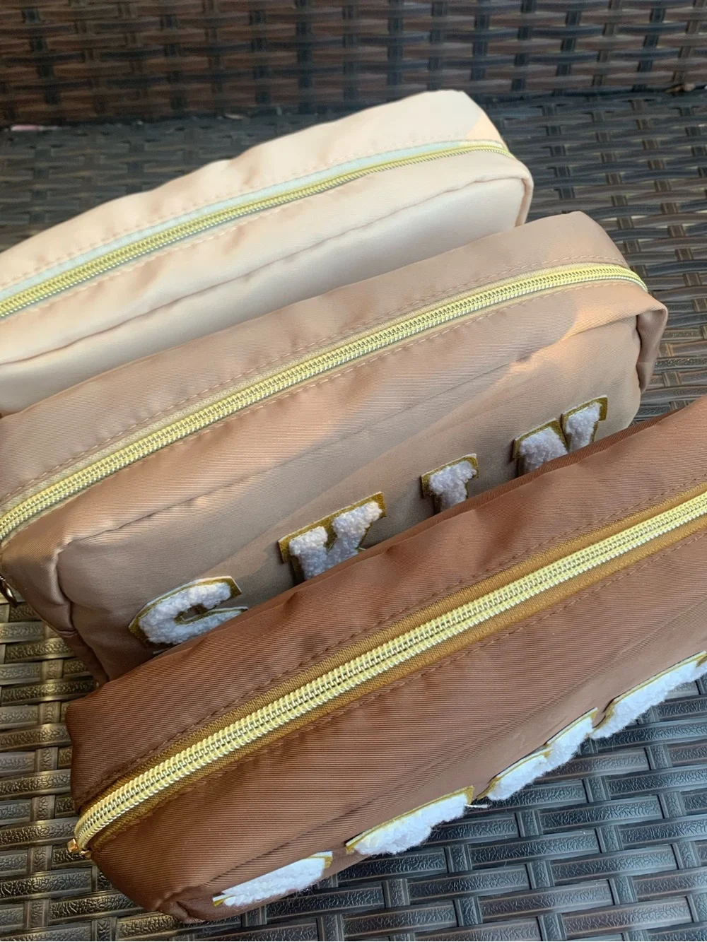 Cosmetic Zip Pouch - Brown and Blush Makeup Bags with Sparkle Lettering